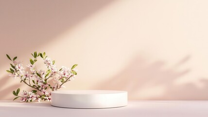 Minimalist podium with delicate flowers blooming around the base, soft spring lighting creating a fresh atmosphere