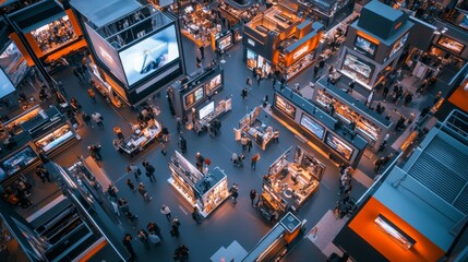 Aerial view of a bustling trade show, showcasing diverse products and many attendees.