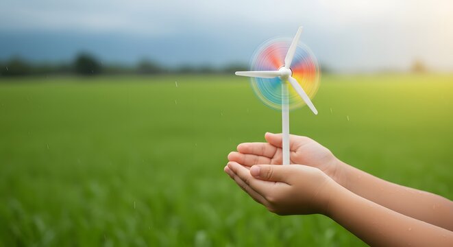 Small hands, big dreams: A child holds a miniature windmill, symbolizing hope for a sustainable future in a lush green field during a gentle rain.