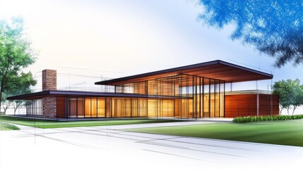 Obraz premium Modern architectural design of a spacious house with large windows and wooden accents in a serene setting
