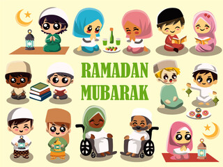 set of cute ramadan characters vector illustration. Islamic avatar. Ramadhan Mubarak