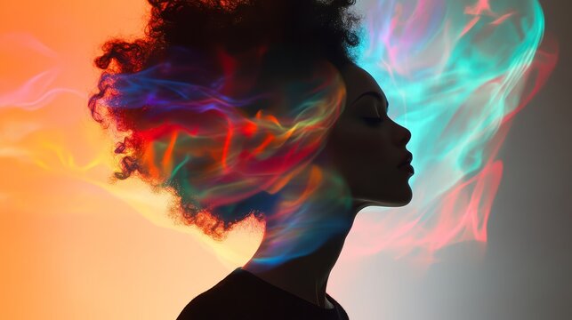 Enigmatic profile, A woman's aura intertwined with vibrant ethereal currents