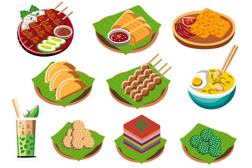 set of Indonesian culinary vector illustration consists of satay, tempeh, risol, pastel, noodles, klepon, layer cake, onde-onde, and dawet ice