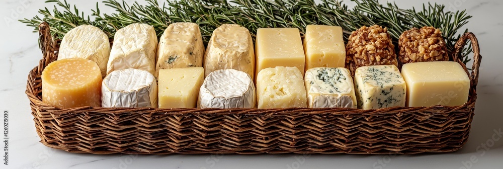 Poster an inviting cheese display featuring assorted cheeses adorned with fresh herbs providing a touch of 