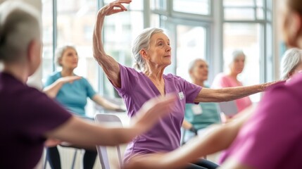 Active senior woman in purple top leads a chair exercise class.