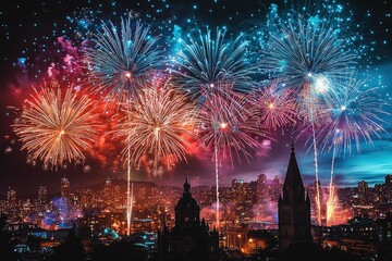 Obraz premium Vibrant Fireworks Display Over City Skyline at Night