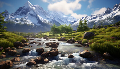 A rocky mountain river flows through a valley with sparse trees and bushes against a mountainous backdrop and sunlit blue sky.