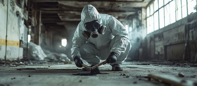 Person in protective suit collects evidence in a derelict building. Dark, gritty mood. - Powered by Adobe