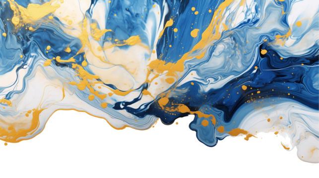 Abstract Blue and Gold Fluid Art with Swirling Patterns Isolated on White and Transparent Background