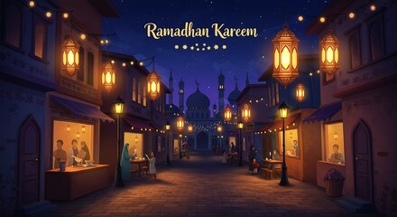 Ramadan Night Scene with Lanterns and Mosque Background Illustration