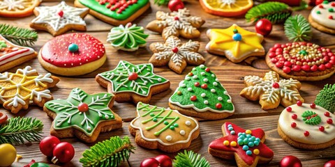 Fototapeta premium Colorful festive cookies arranged on a table with a variety of decorations and toppings , holiday baked goods , festive cookies