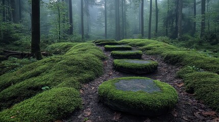 Misty forest path with moss-covered stone steps