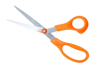 Inclined medium open multipurpose scissors with orange handle isolated on white background with clipping path