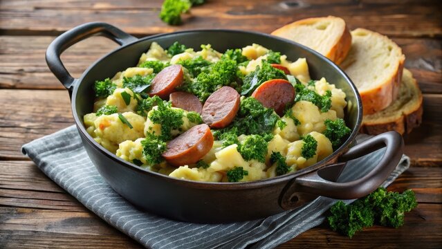 Traditional Dutch stamppot dish with boiled potatoes mashed with kale and sausage served in a cast iron pot