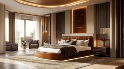 Fototapeta premium Modern bedroom interior with elegant decor and natural light