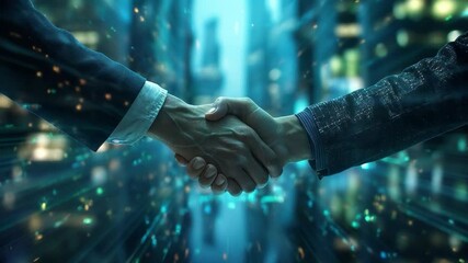 Handshake symbolizing partnership in a futuristic digital business world. - Powered by Adobe