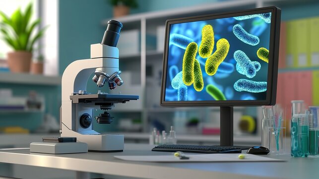 Medical image of microscope and bacteria in laboratory