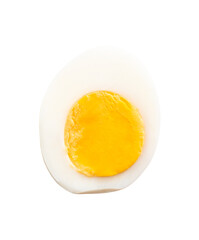 Top view of single cooked or boiled egg with egg yolk in half isolated with clipping path in png file format