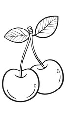 Cherry Fruit Food Meal Healthy Coloring Kid Book Page in Black and White. Monochrome and Colored Samples
