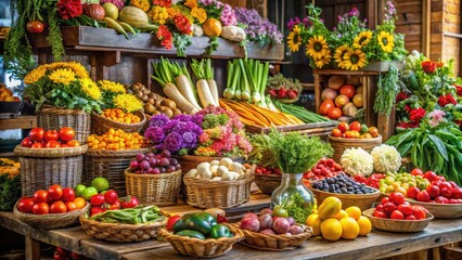 Colorful deli food displayed on a wooden market counter with fresh produce and flowers surrounding it, seasonal ingredients, grocery store