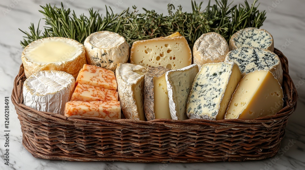Poster a charming assortment of cheeses displayed in a basket, accentuated with fresh herbs, creating an in