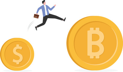 Business concept vector illustration of a businessman jumps from small dollar symbol to large bitcoin symbol

