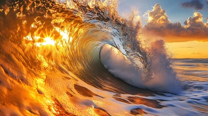 Naklejka premium Golden Sunrise Wave Ocean Nature Beauty