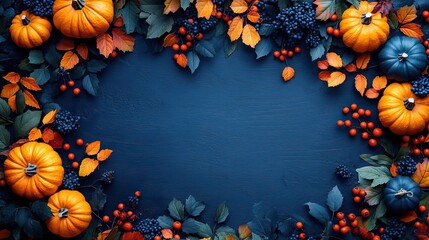 thanksgiving autumn background with pumpkins leaves and berries on wooden background