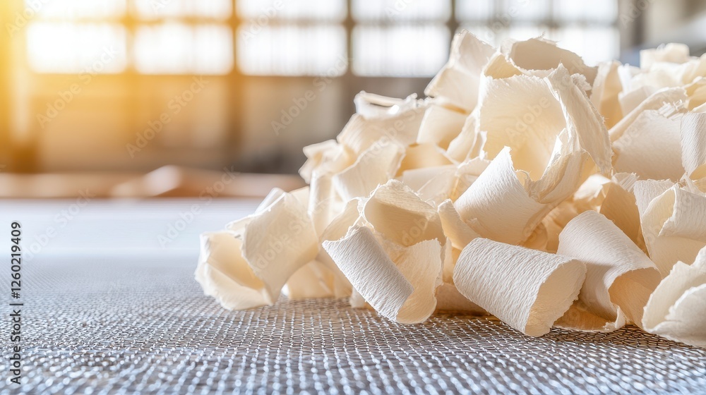 Poster pulp fiber concept, close-up of recycled pulp fibers drying on mesh screen in processing environment