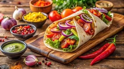 Aromatic, juicy chicken kati roll with a vibrant display of colors, set against a warm wooden board, surrounded by an assortment of fresh ingredients , flavorful, juicy