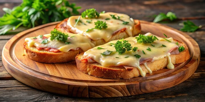 Golden brown, crispy bread slices on a wooden plate, topped with melted cheese, ham and b?chamel sauce, garnished with fresh parsley