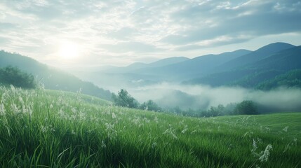 Sunrise over misty mountain meadow, scenic landscape, peaceful nature, ideal for travel brochures