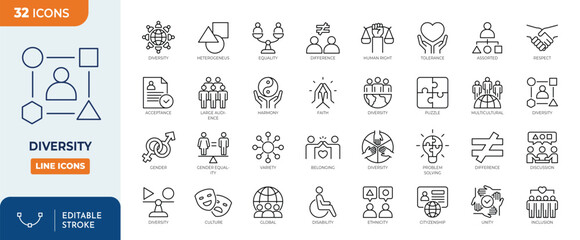 Diversity icon set. Containing equality, culture, difference, languages, tolerance, human rights, ethnicity, and more. Outline Icon Collection. Vector illustration. Editable stroke