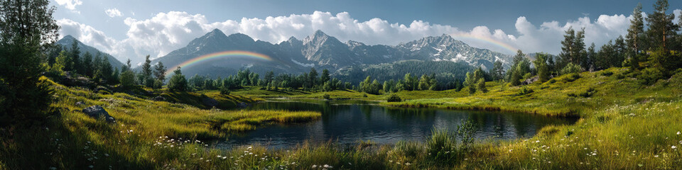 Fototapeta premium Mountain Lake with Double Rainbow and Meadow