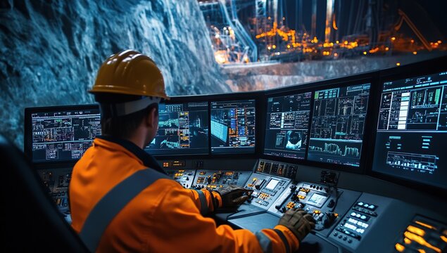 Remote Operator Monitors Mining Operation via Advanced Digital Displays and Controls in a Modern Control Room
