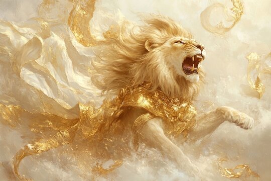 Fierce Lion in Golden Superhero Costume Roaring Against Sandy Background