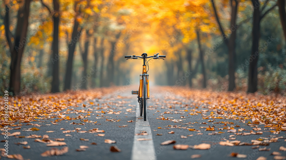 Poster bicycle on path surrounded by autumn trees and fallen leaves, creating serene atmosphere. warm color