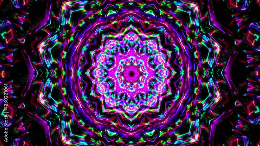 Poster a kaleidoscopic video effect with vibrant neon colors, viewed from a top-down angle, creating a mesm