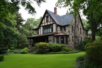 Fototapeta premium Stone house nestled in lush greenery.