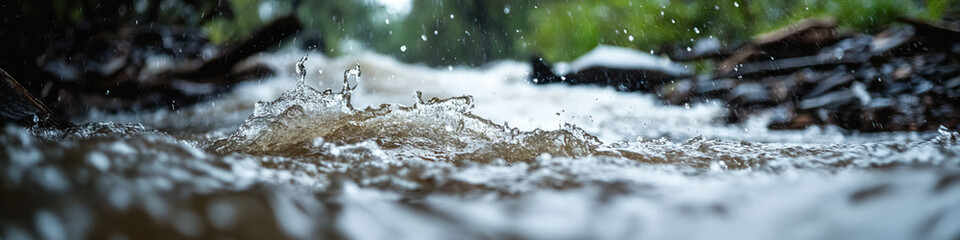 Fototapeta premium Close-up of Water Splashes in a Rain-Affected Stream