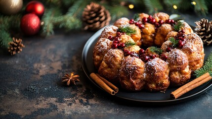 A holiday-themed monkey bread with a golden crust, surrounded by pinecones and cinnamon sticks, isolated on a dark rustic table