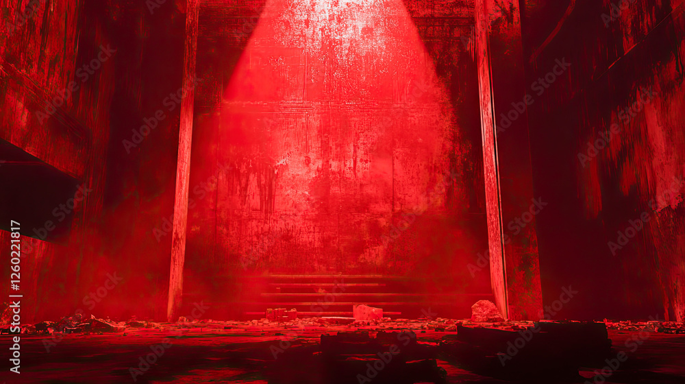 Poster mysterious red-lit room with debris and illuminated walls creating an eerie atmosphere. generative a