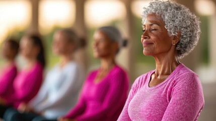 cheerful group of women participating in fitness class, focusing on mindfulness and relaxation. atmosphere is serene, promoting well being and community