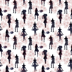 Fototapeta premium Watercolor seamless pattern with various Halloween theme elements 