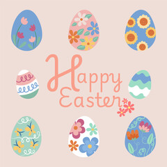 Happy easter greeting card with decorated eggs and flowers celebrating the spring holiday