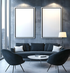 Two white poster frames on the wall of a modern living room, a sofa and armchair in front of them, a lamp next to a coffee table, black chairs near the couch, white walls, high-resolution photography,