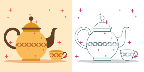 a simple teapot and tea cup illustration for design element or coloring book element
