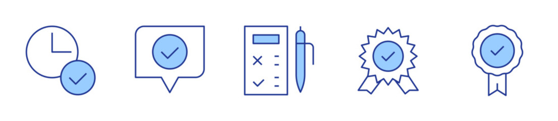 prize, badge, time, good, customer satisfaction. Checkmark Icon vector illustration. Line Duotone style. Editable stroke