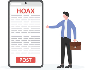 Man’s hand holding a smartphone posts fake news, consider before posting news, hoax, vector illustration

