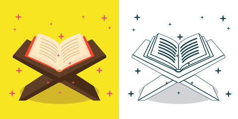 a Quran with wooden stand illustration for a design element or coloring book element
